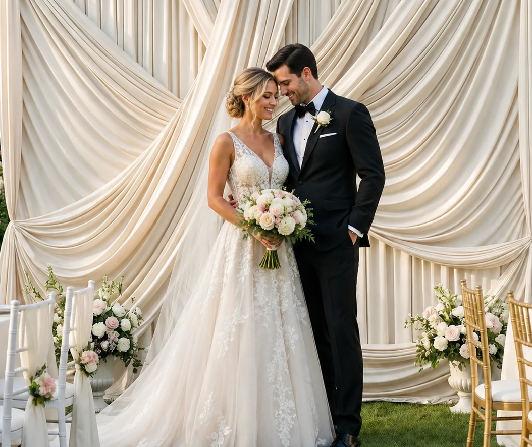 Elegant bride and groom in front of a champagne draped photo backdrop at a Philadelphia wedding.